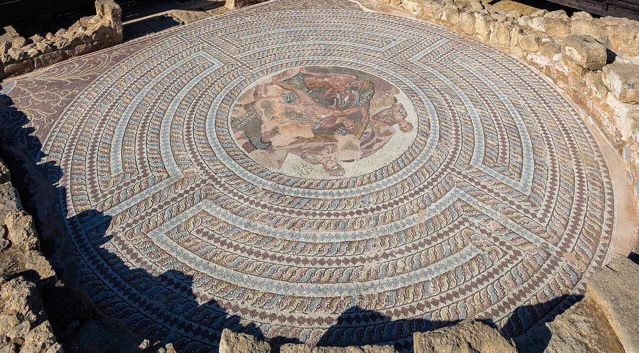 The great circular floor mosaic of Theseus and the Minotaur at the House of Theseus in the Paphos Archaeological Park.