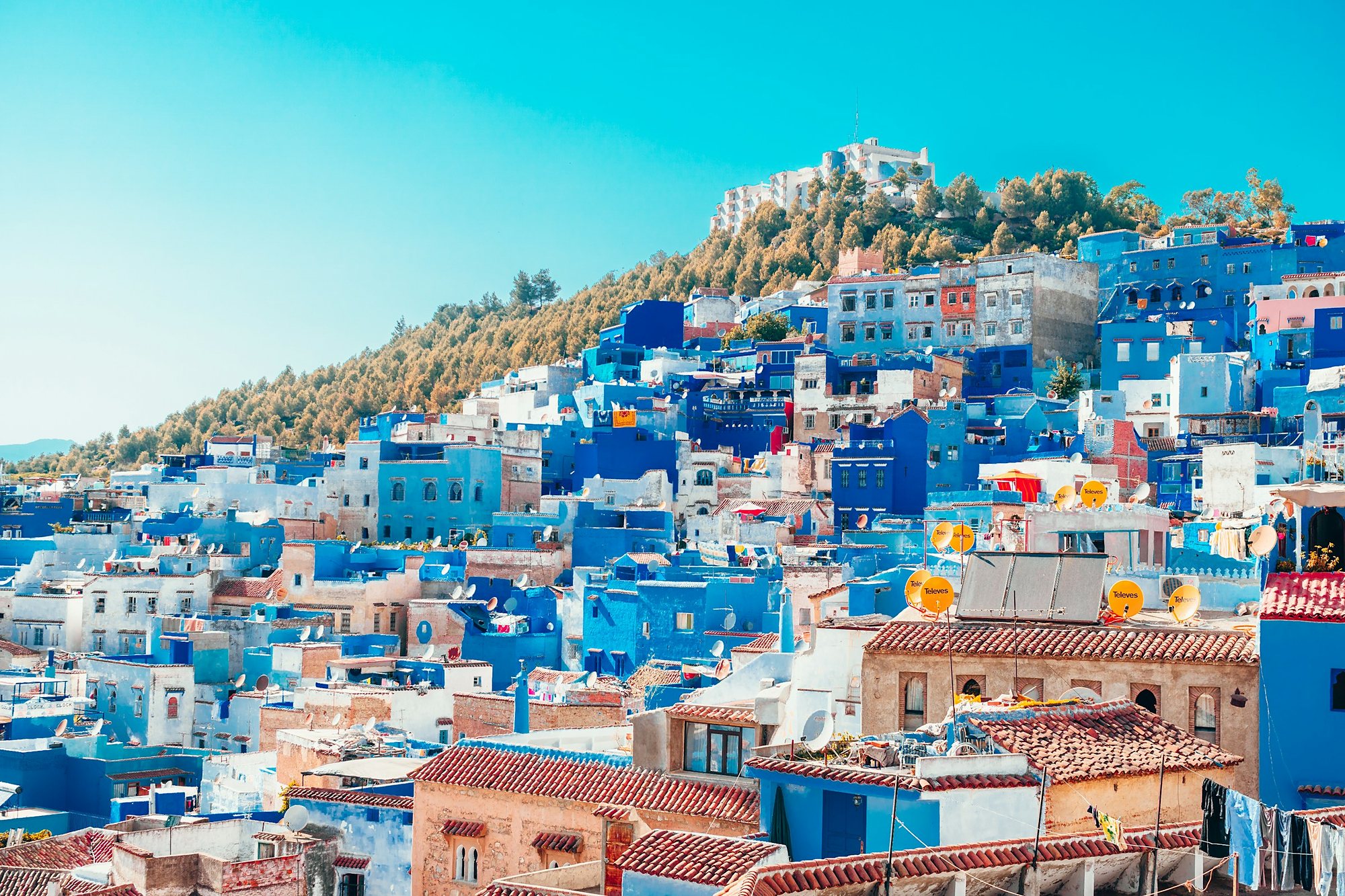 The blue houses of Chefchaouen climbing the hillside