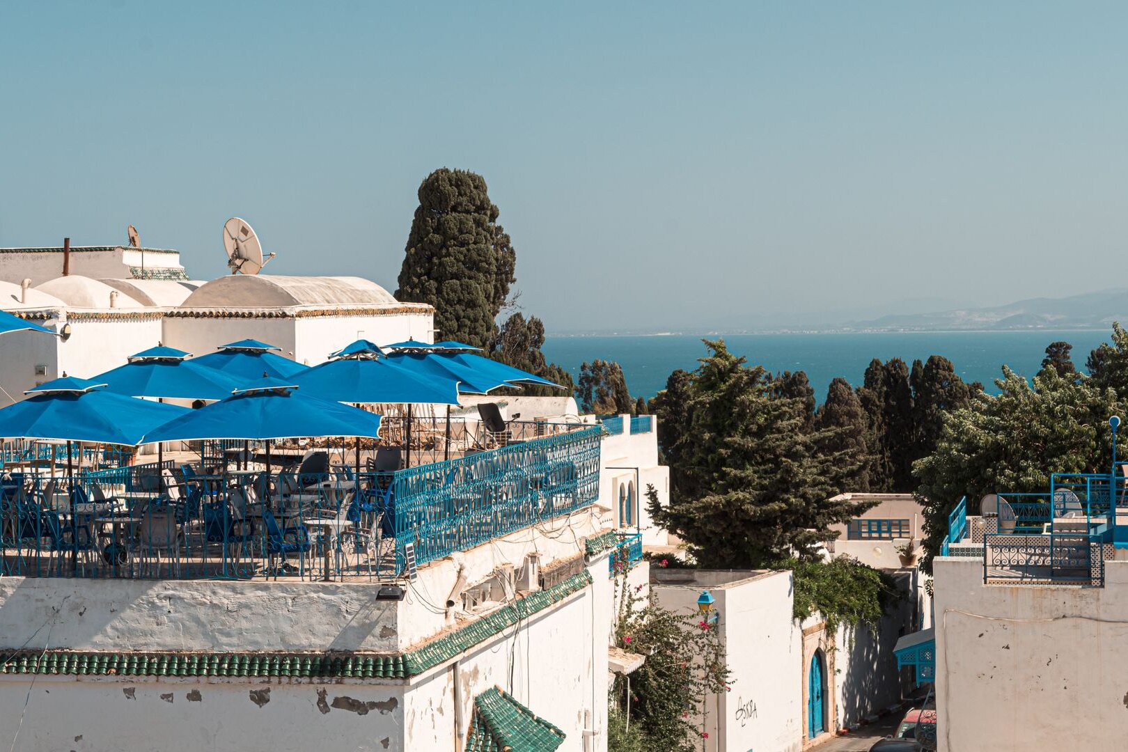 Blue-and-white terraces of Sidi Bou Said above the Gulf of Tunis
