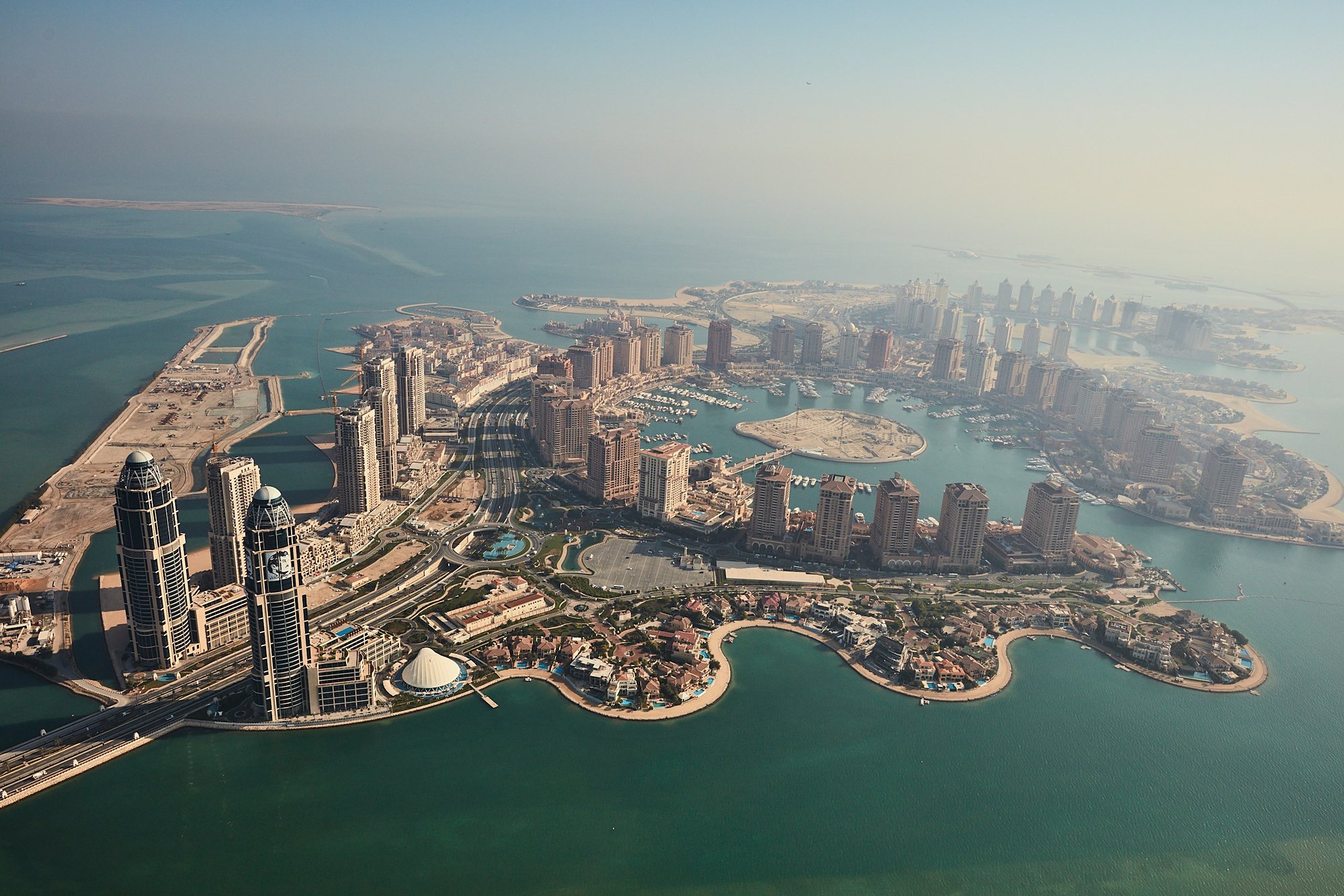 The Pearl-Qatar and its marinas and villas from the air, Doha