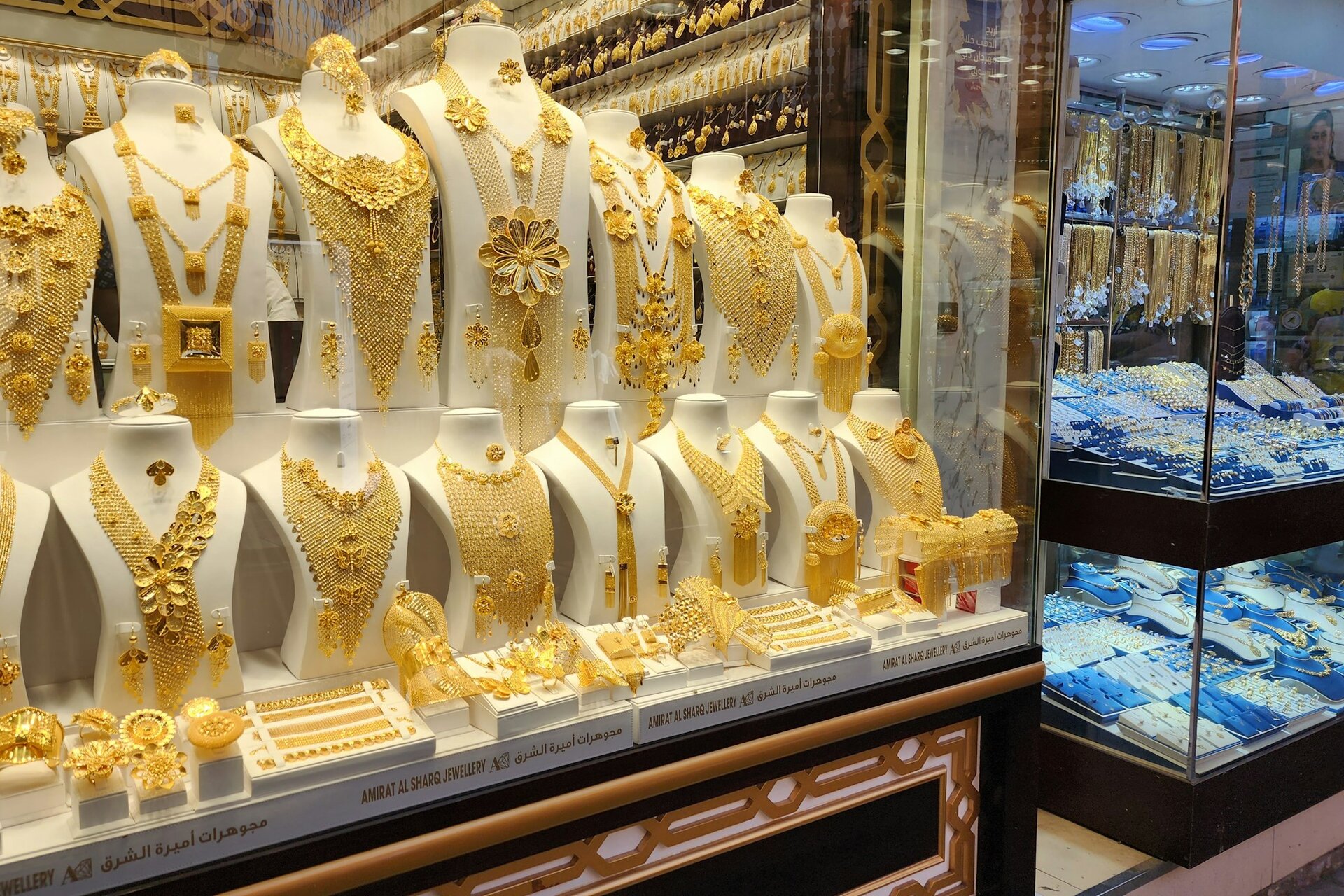 Gold necklaces filling a jeweller's window in the Gold Souk, Dubai