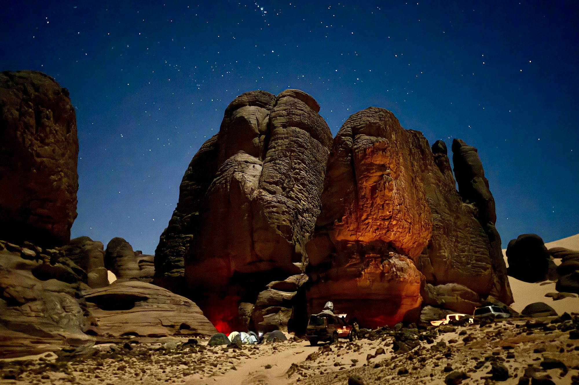 Sandstone towers of the Algerian Sahara under a starry sky