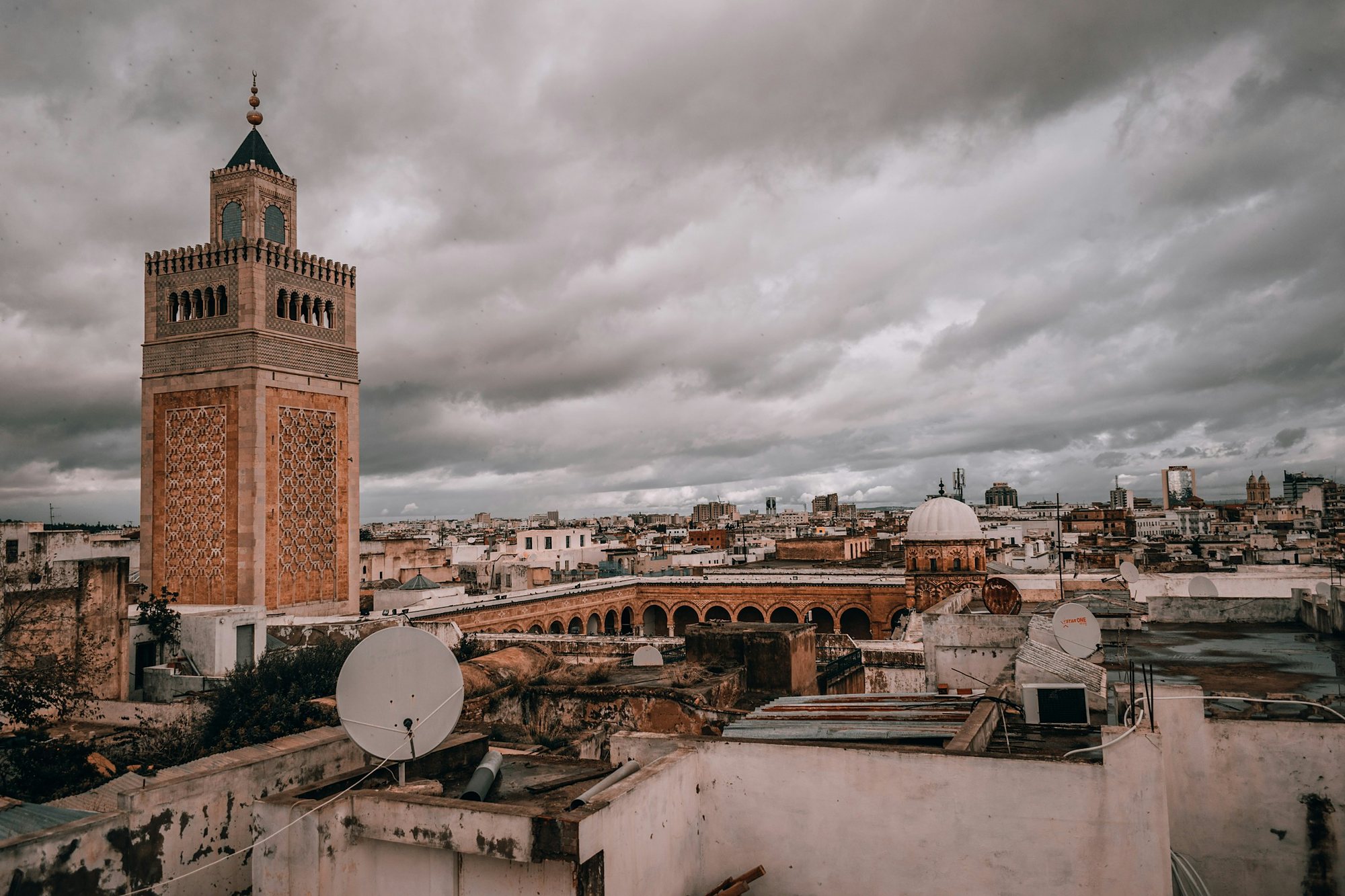 The minaret of the Zitouna Mosque above the medina rooftops of Tunis