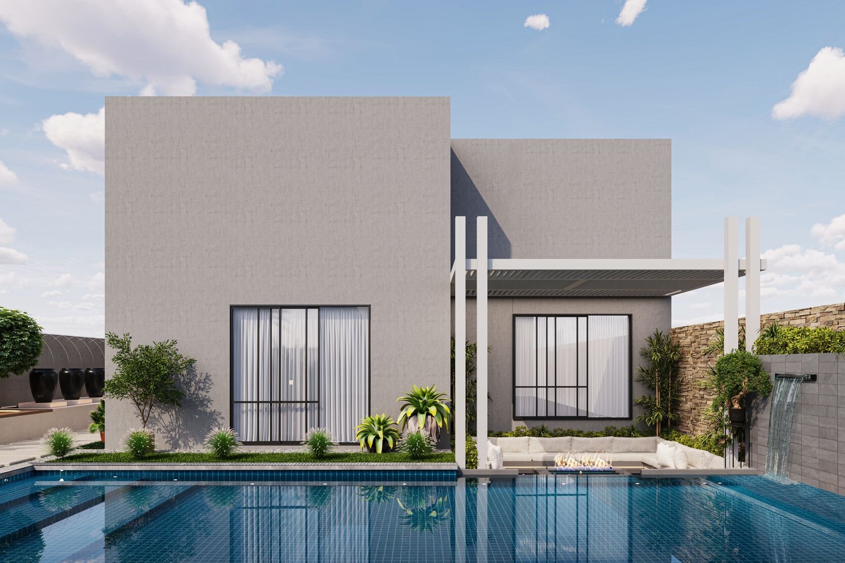 A modern villa with a pool and shaded terrace, in the style of new Saudi communities