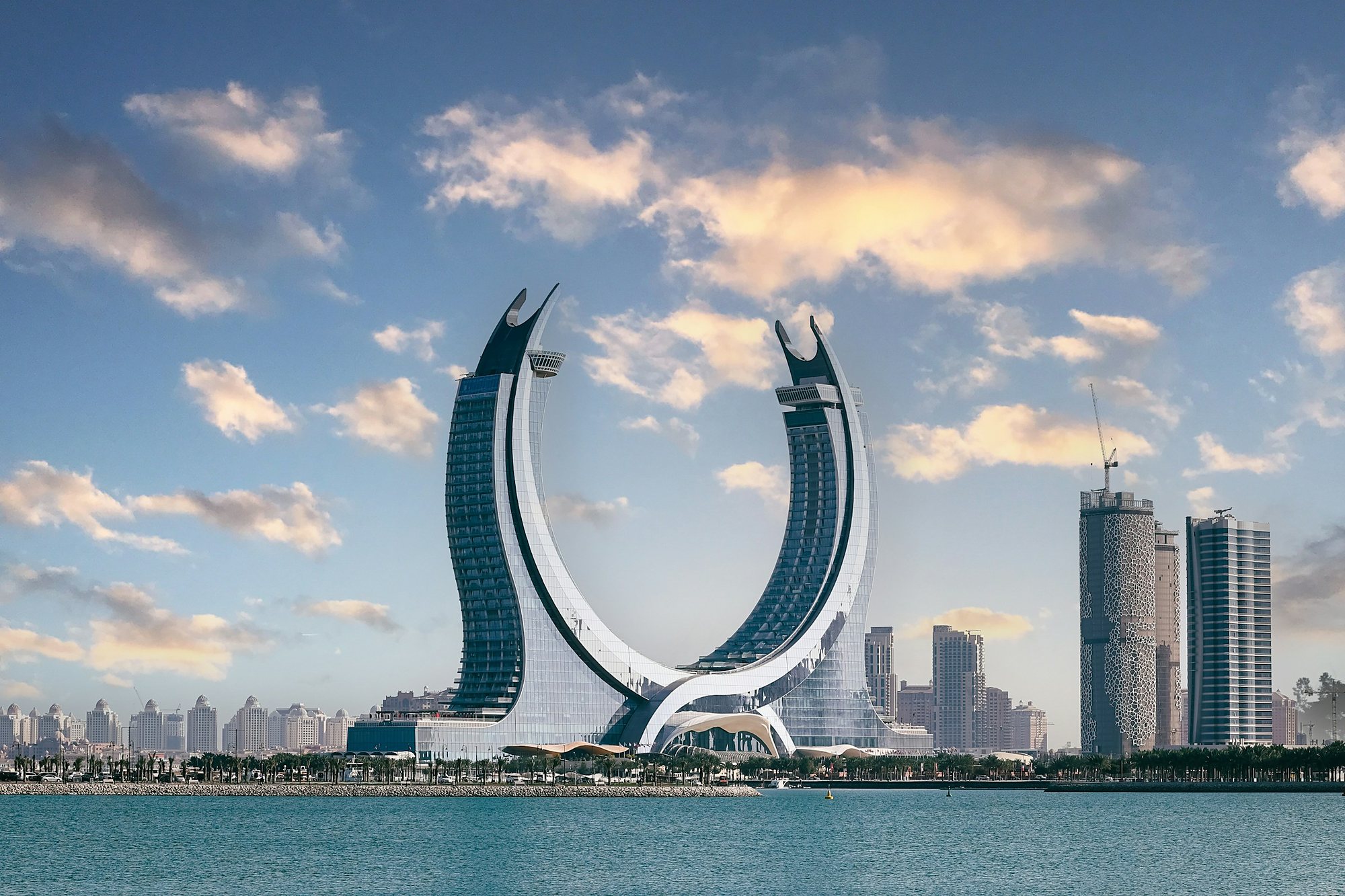 The crescent Katara Towers on the Lusail waterfront, Qatar