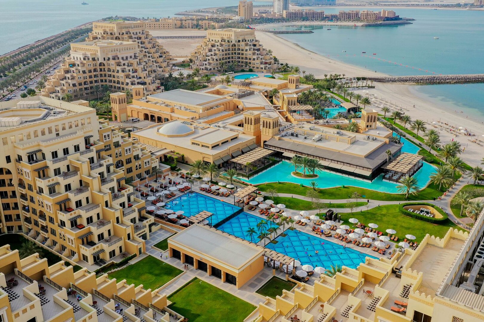 The beach resorts of Al Marjan Island from the air, Ras Al Khaimah