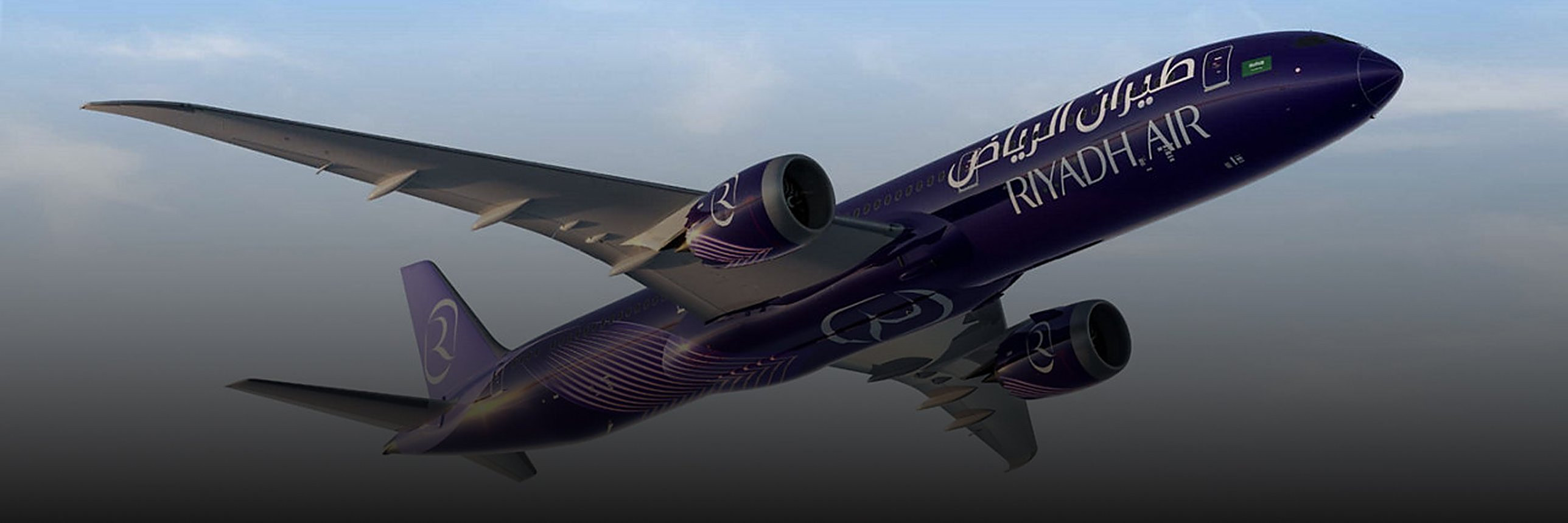 A Riyadh Air Boeing 787-9 Dreamliner in deep indigo livery climbing through a soft blue sky, RIYADH AIR in white and Arabic script along the fuselage