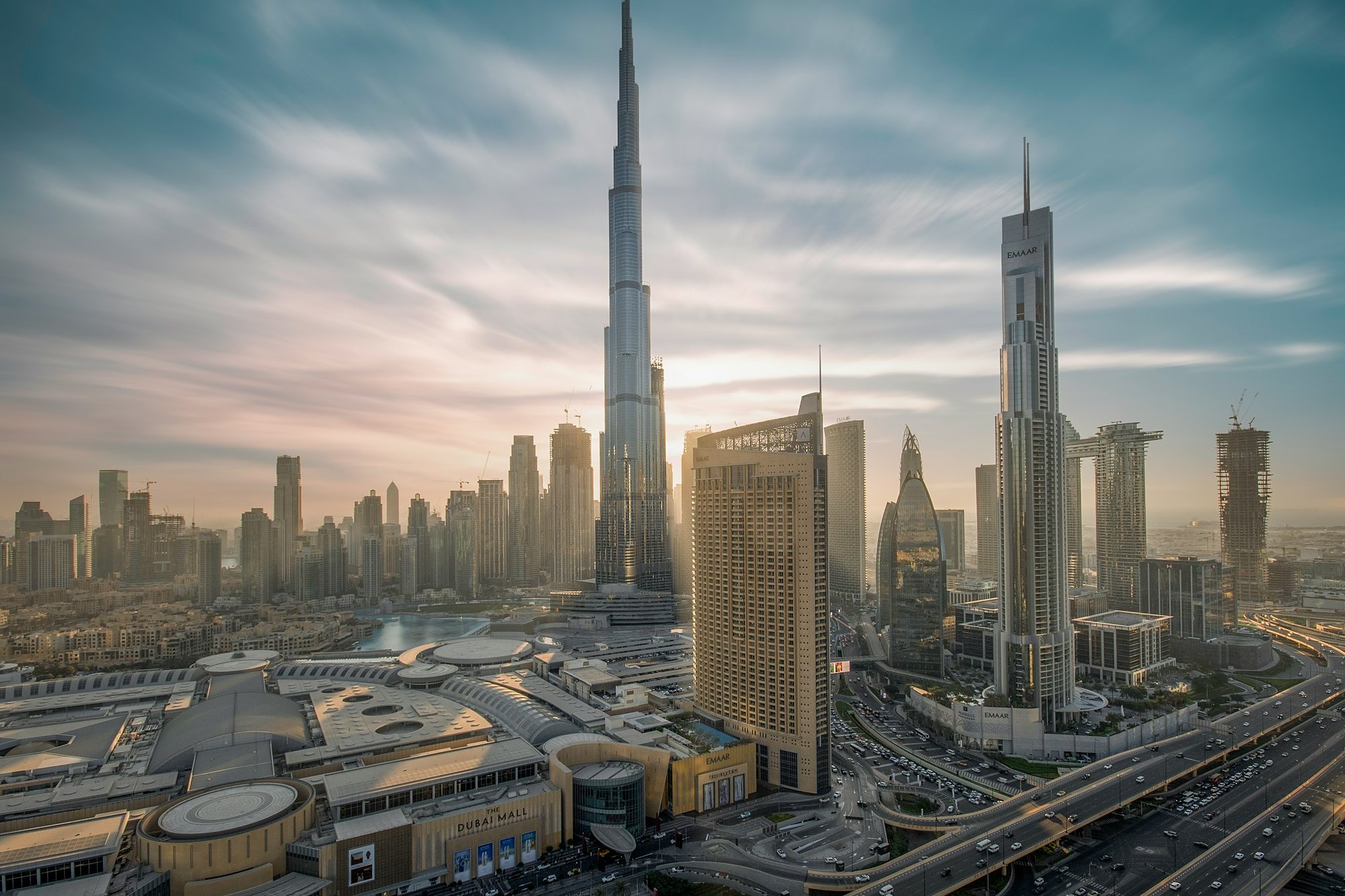 The Burj Khalifa and Downtown Dubai in the evening light