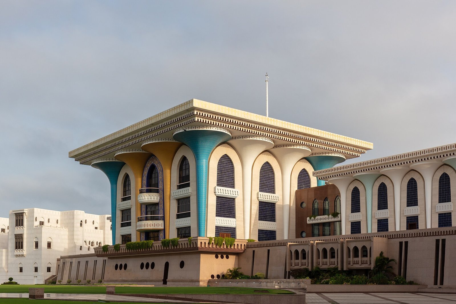 The blue and gold columns of Al Alam Palace, the ceremonial palace of the Sultan of Oman, in Old Muscat.