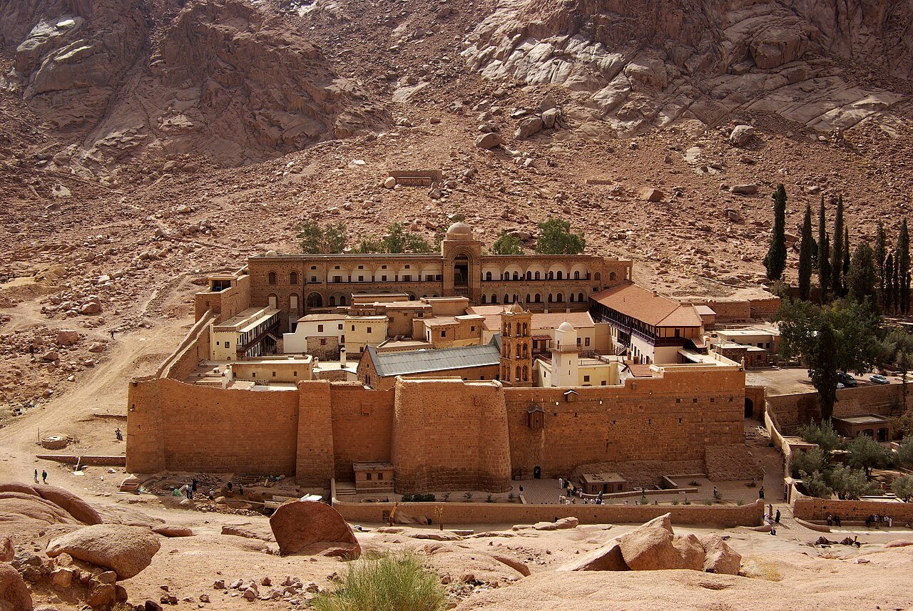 Saint Catherine's Monastery and its cypress trees at the foot of Mount Sinai, Egypt.