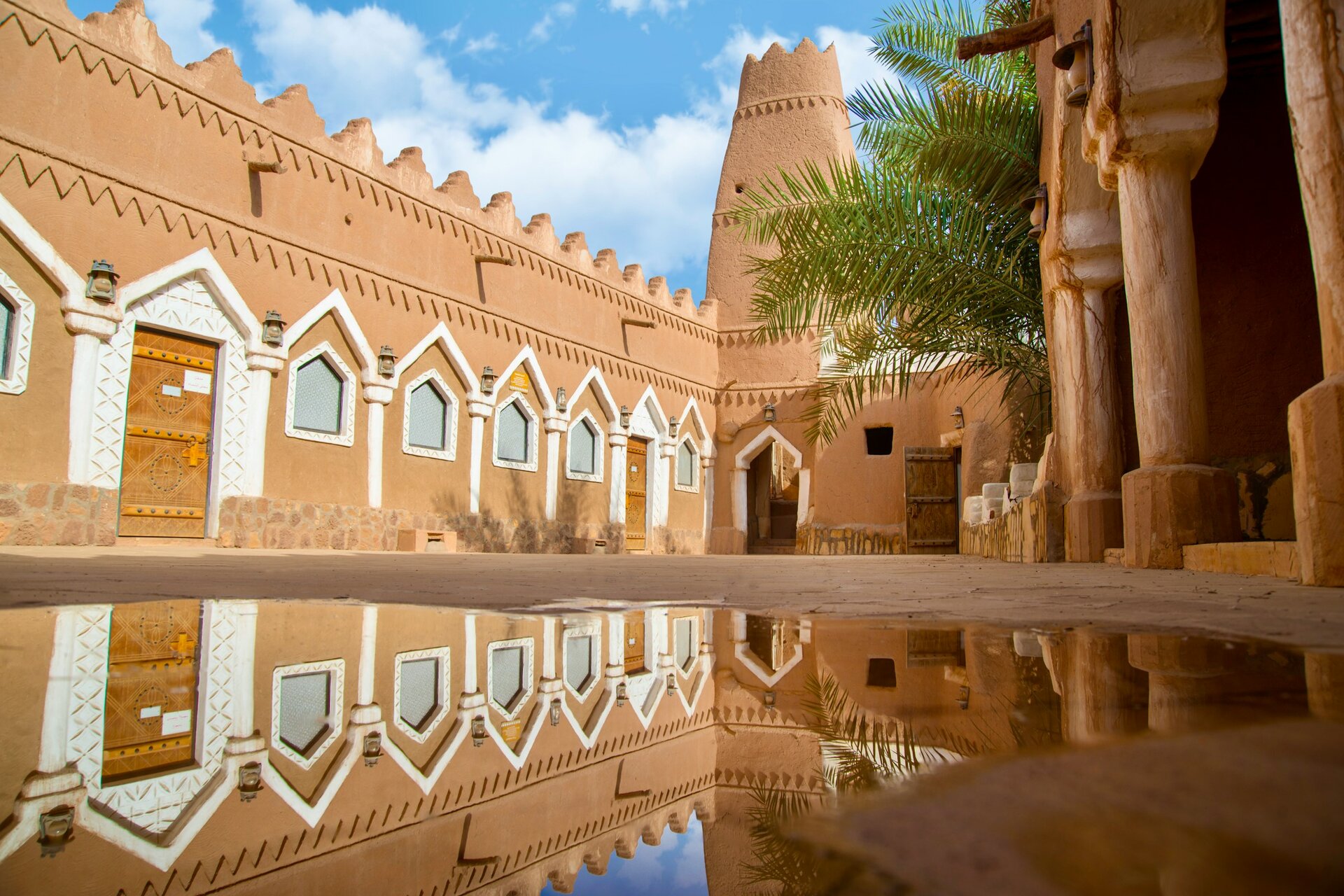 A Najdi mud-brick courtyard and watchtower, Saudi Arabia