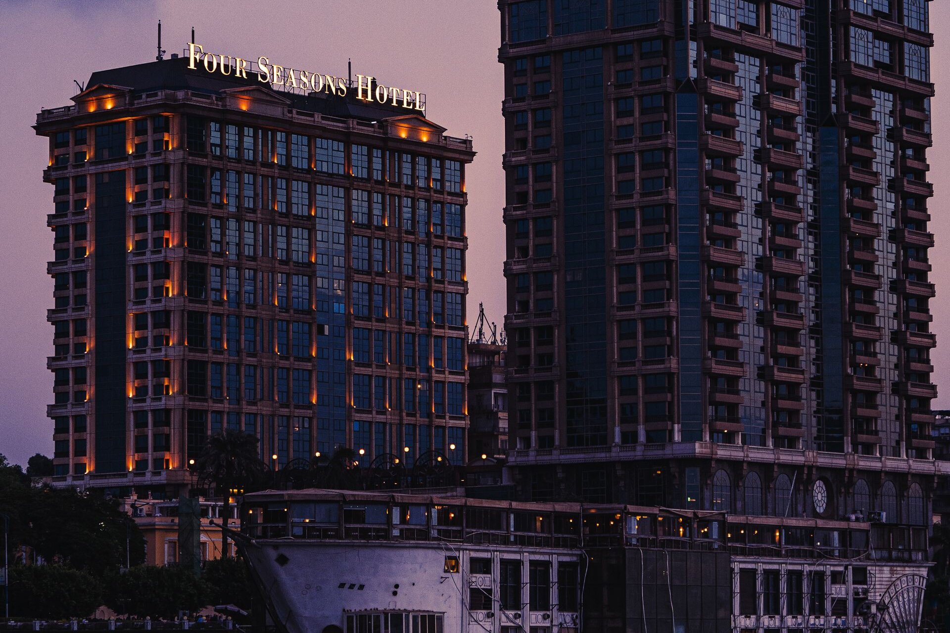 The Four Seasons Hotel on the Nile at dusk, Cairo