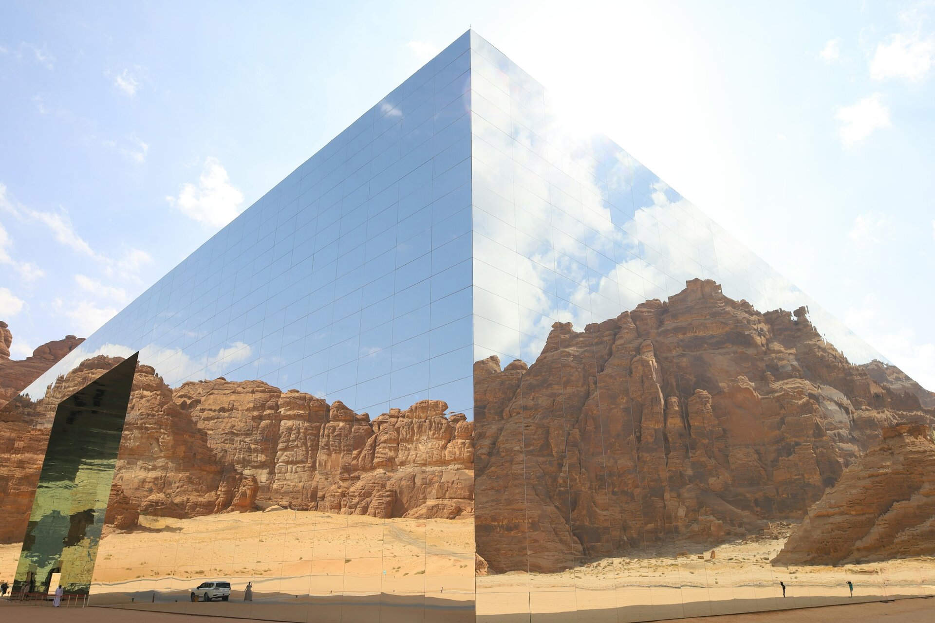 Maraya, the mirrored concert hall in AlUla, reflecting the sandstone cliffs