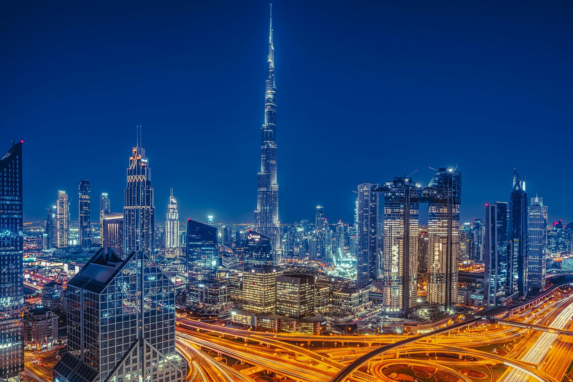 The Burj Khalifa rising above Downtown Dubai at night