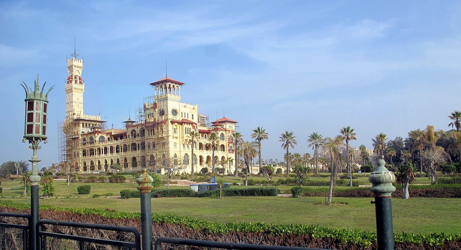 Montaza Palace, the 1932 summer palace of King Fuad I, with its Florentine tower above landscaped gardens in Alexandria.