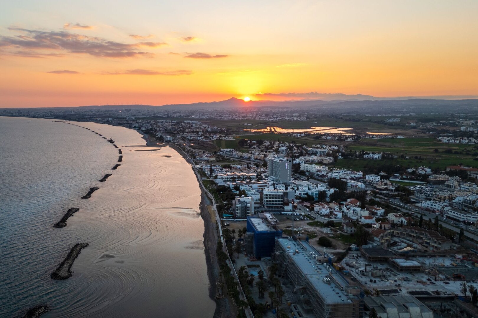 New residences along the Larnaca seafront at sunset, Cyprus