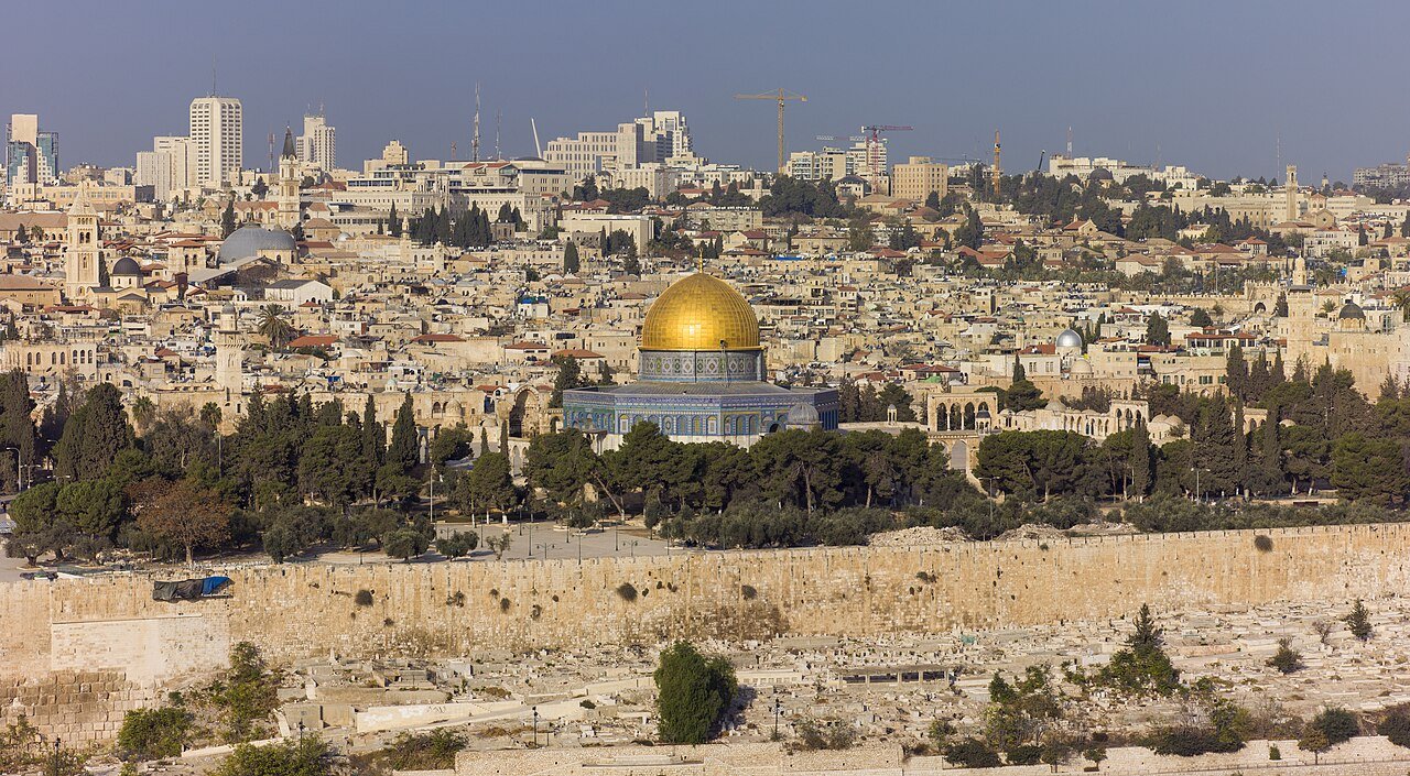 Jerusalem's Old City and the golden Dome of the Rock seen across the valley from the Mount of Olives.