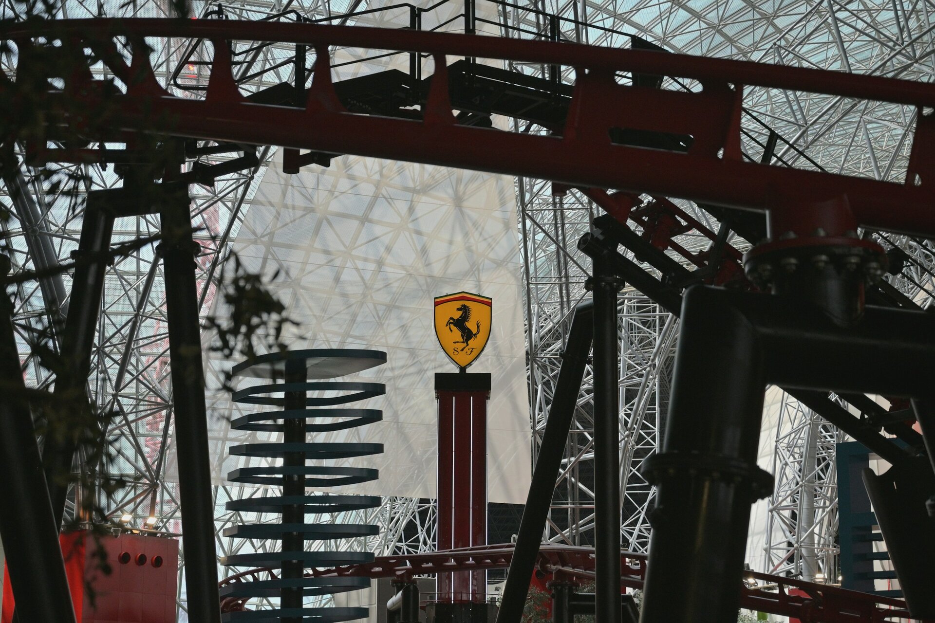 The Ferrari crest beneath the roller-coaster track inside Ferrari World, Yas Island, Abu Dhabi