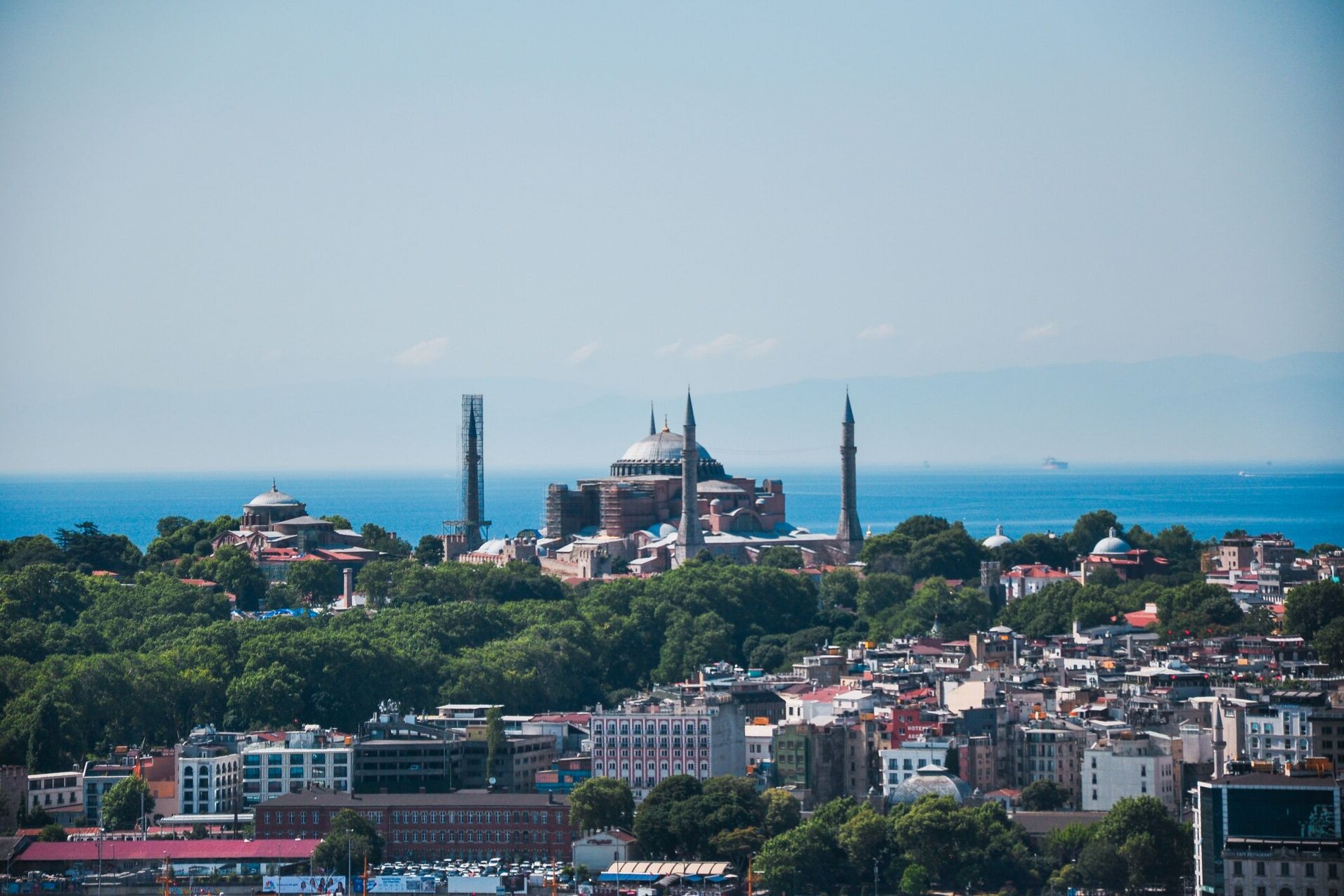 Hagia Sophia above the old city of Istanbul, with the Sea of Marmara beyond