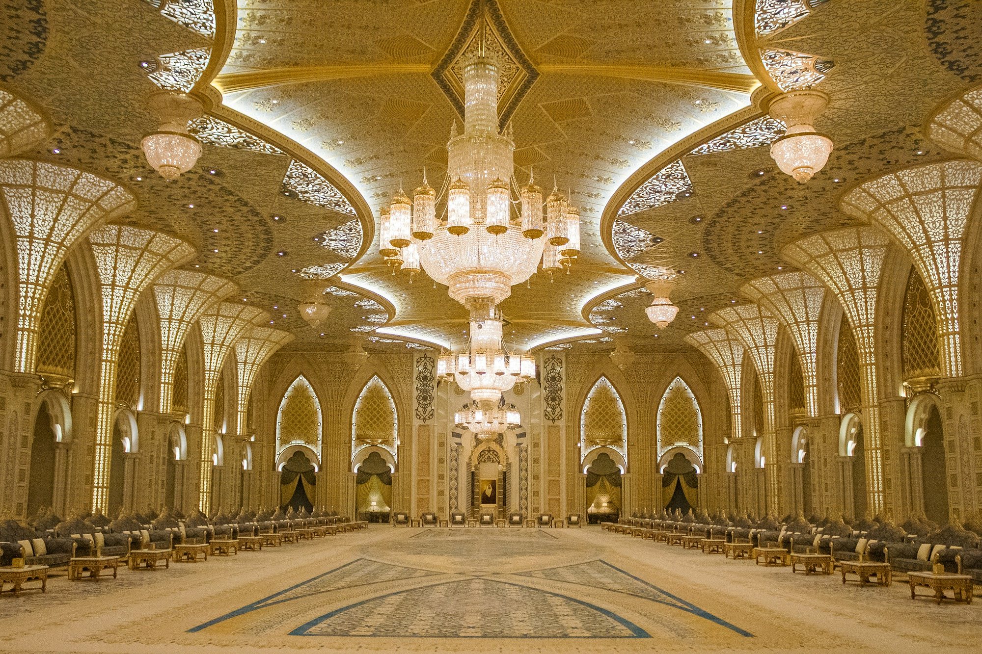 Crystal chandeliers in the Great Hall of Qasr Al Watan, Abu Dhabi