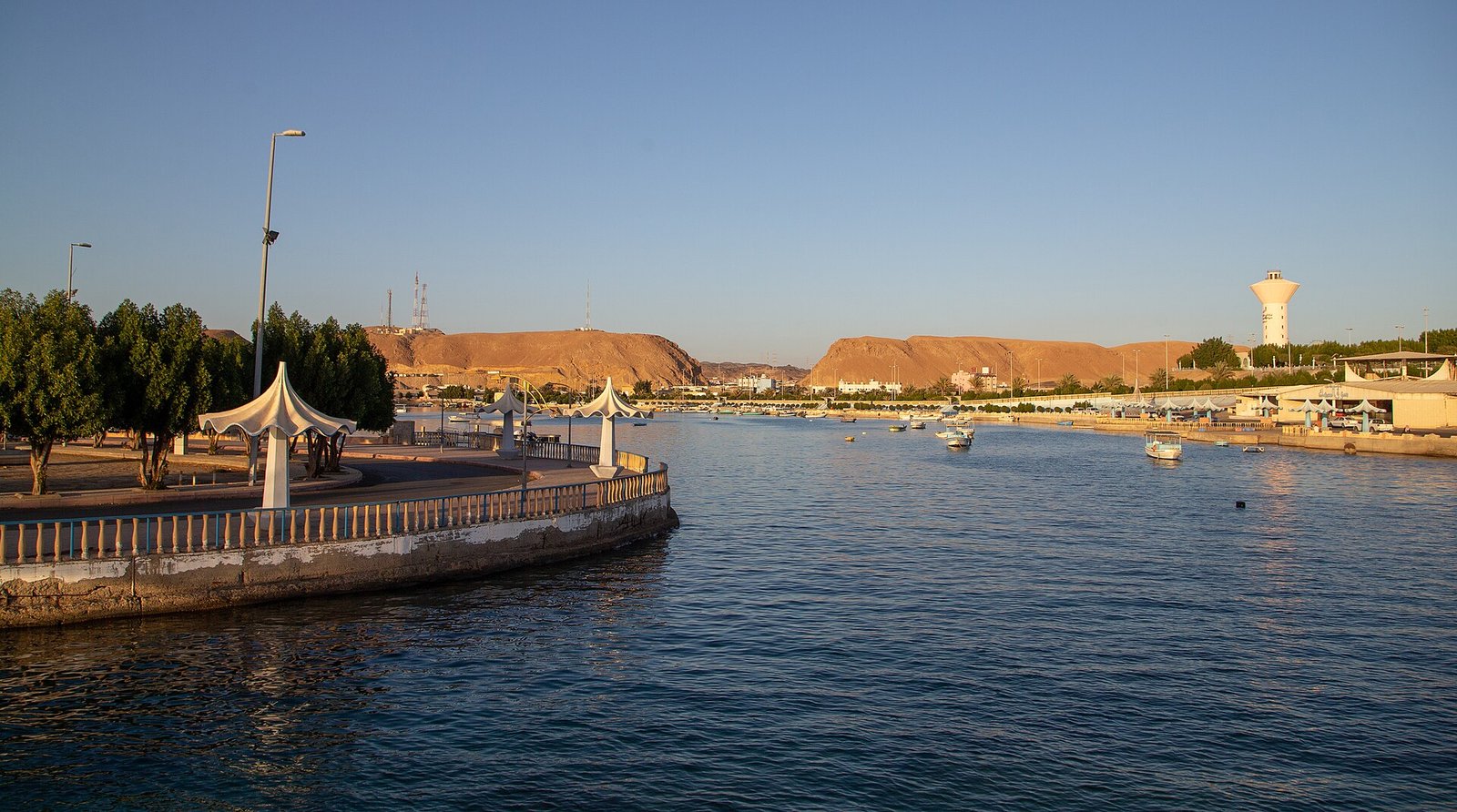 The calm harbor and seafront promenade of Duba, home of the Port of NEOM, on Saudi Arabia's Red Sea coast