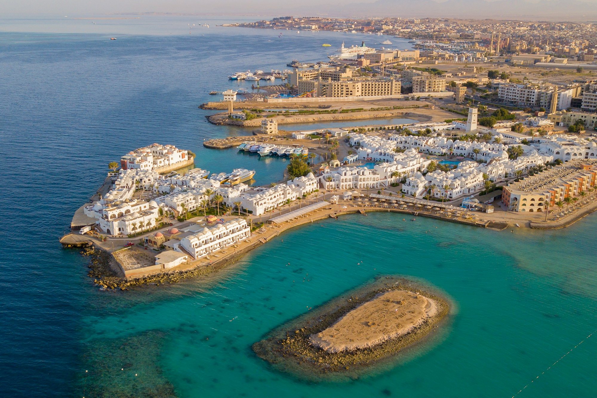 White resort villas and a turquoise lagoon in Hurghada