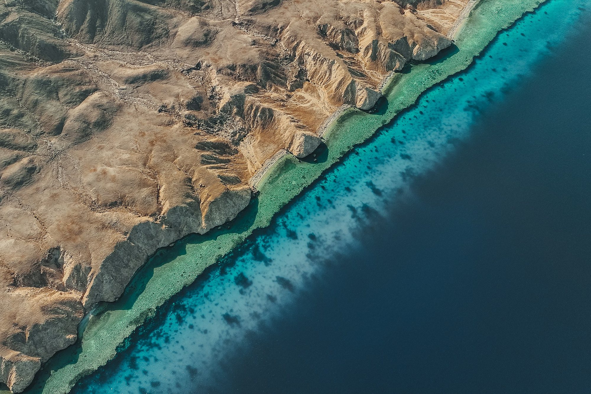 Desert mountains meeting coral reef and the Red Sea, Saudi coast
