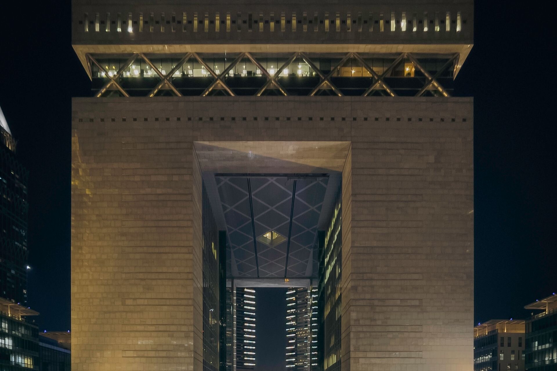 The Gate Building of the Dubai International Financial Centre at night