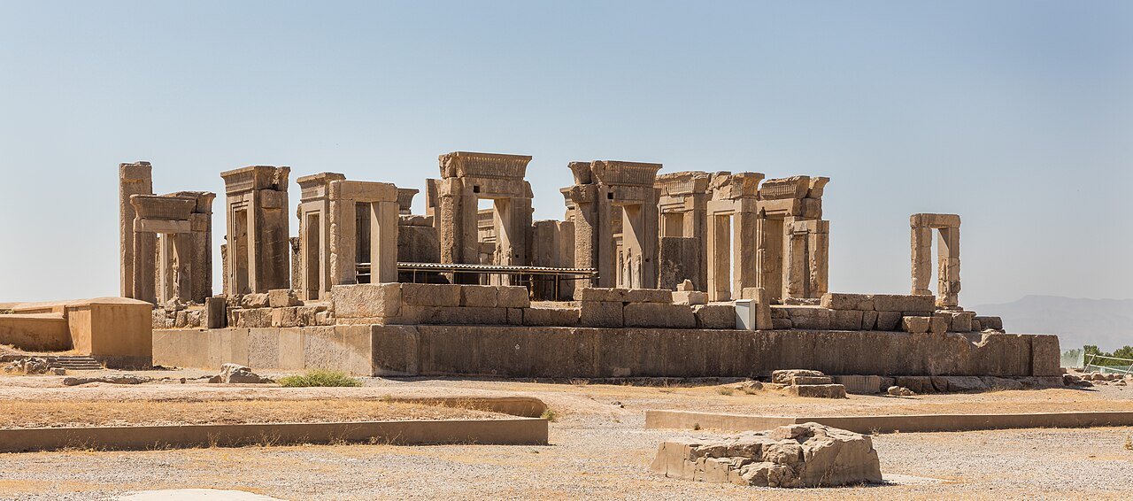 The columned Tachara palace of Darius the Great rising from the ruins of Persepolis, Iran.