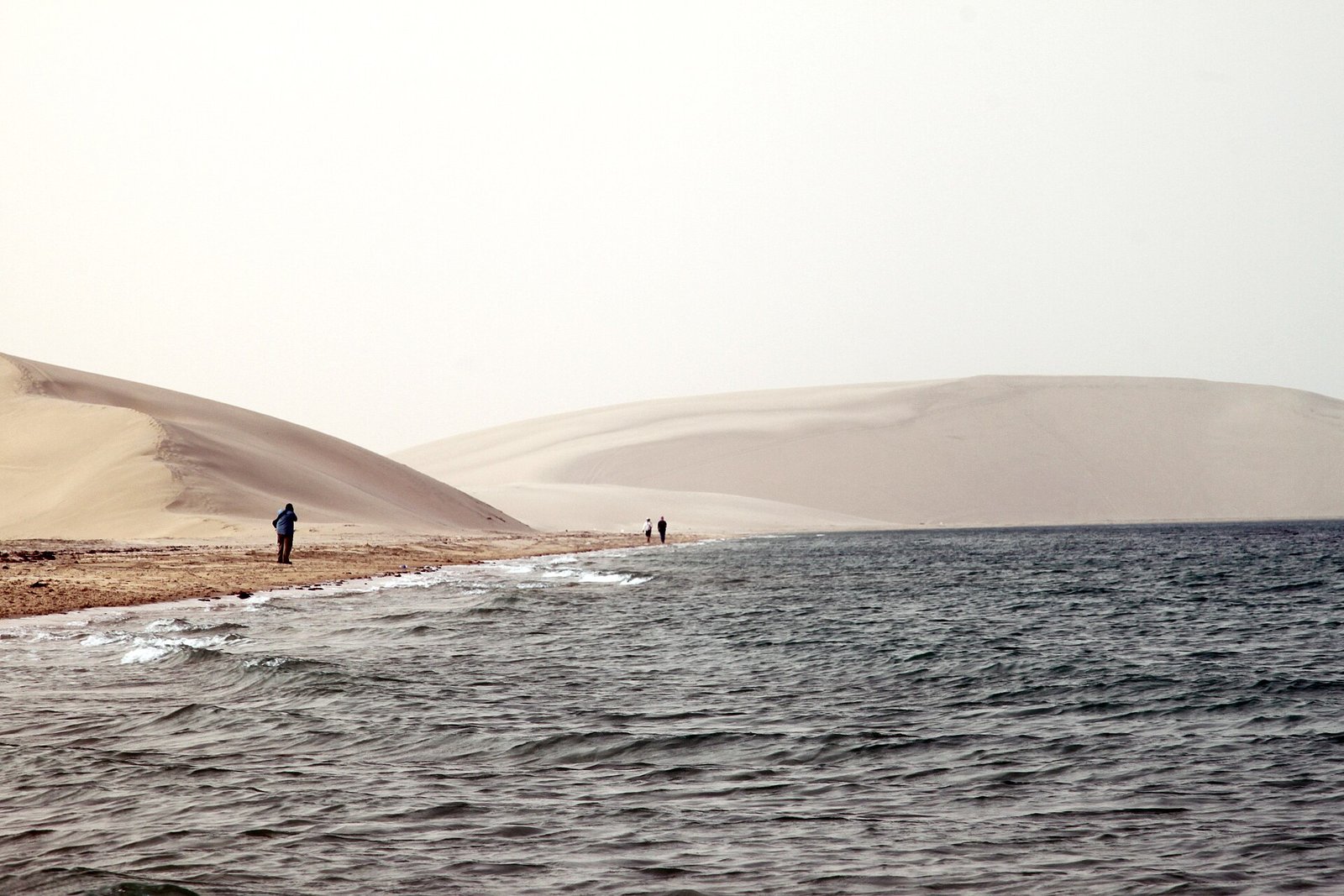Pale sand dunes sweeping down to the water at Khor Al Adaid, the Inland Sea of southern Qatar.