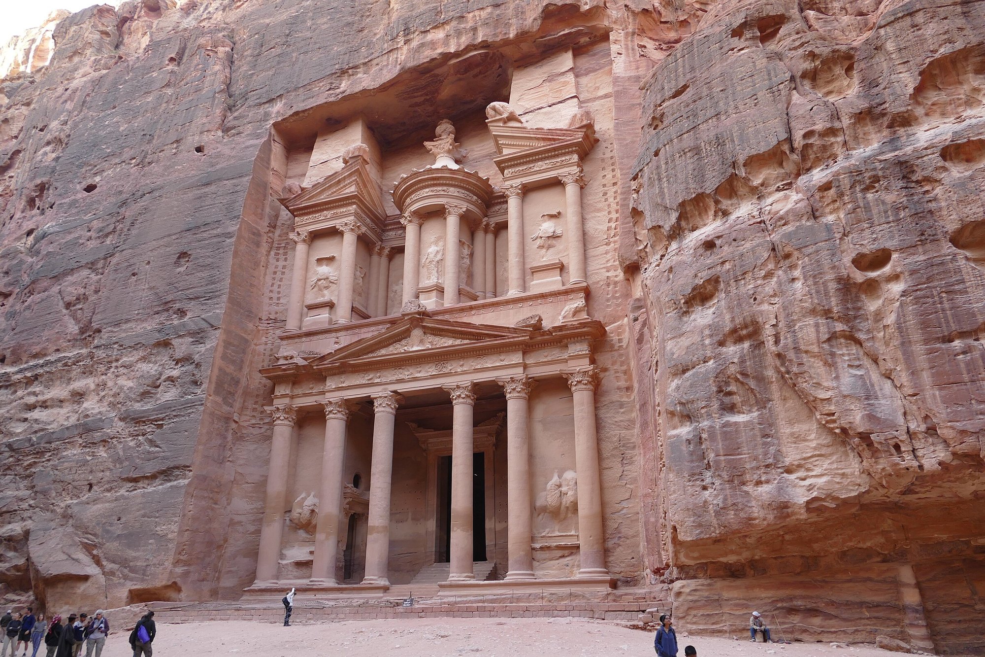 The Treasury, Al-Khazneh, carved into the rose-red rock of Petra, Jordan