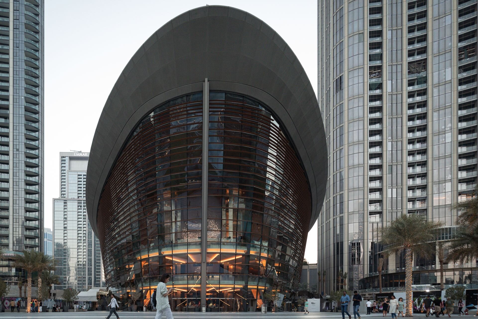 The dhow-shaped Dubai Opera among the towers of Downtown Dubai