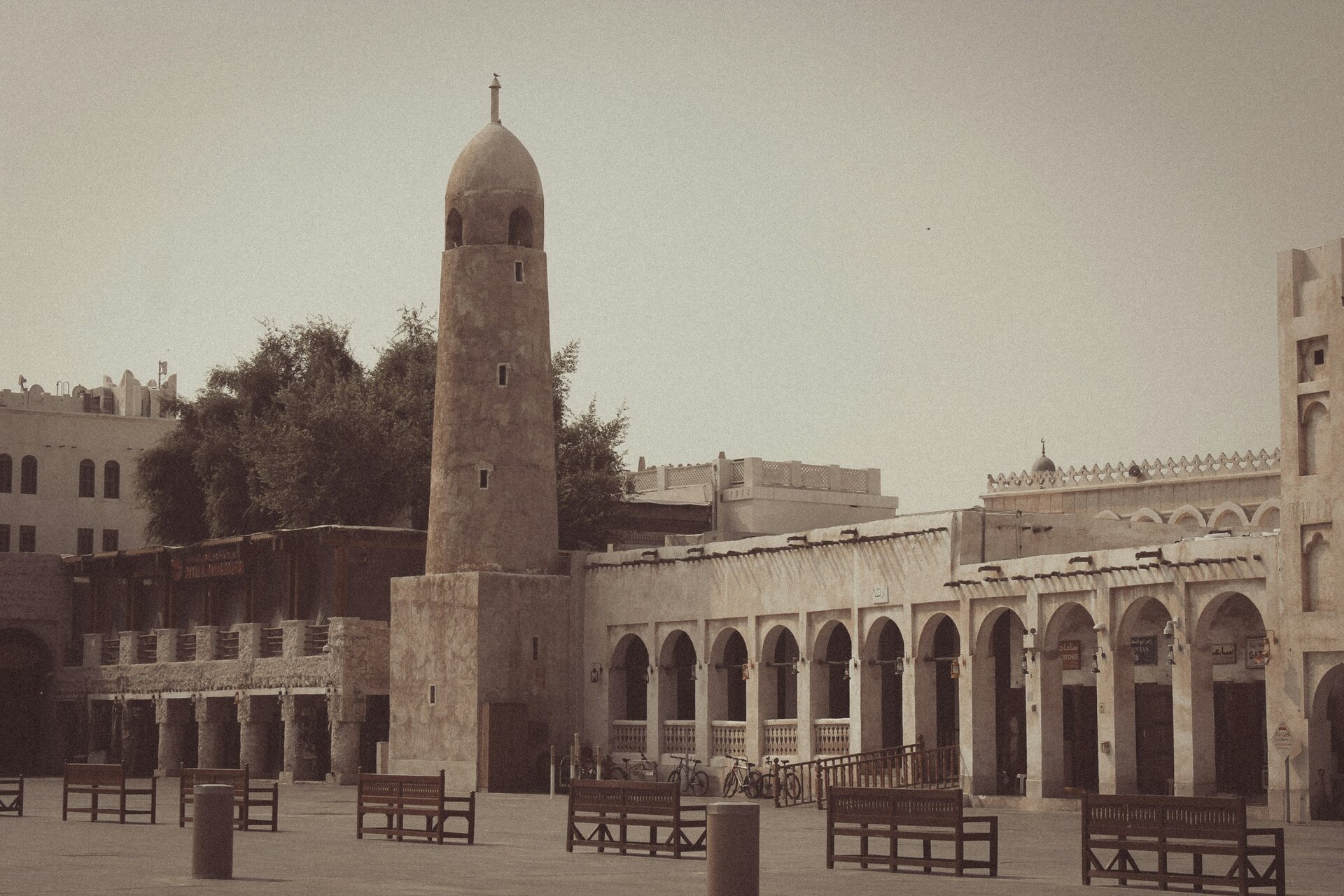 The old minaret and arcades of Souq Waqif, Doha
